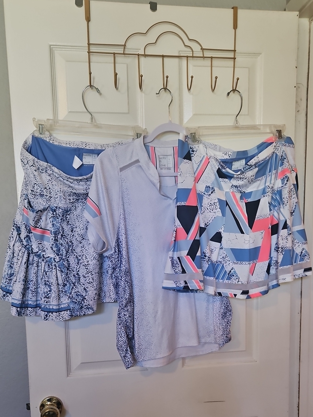 Lucky in Love Womens' 3 Piece Athletic Polo & Skorts Set-Light Blue, Pink & Navy